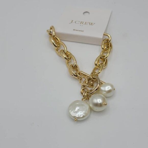 J Crew Factory Gold Tone Toggle Bracelet with Faux Pearl NWT! NEW! Chunky - Picture 2 of 9
